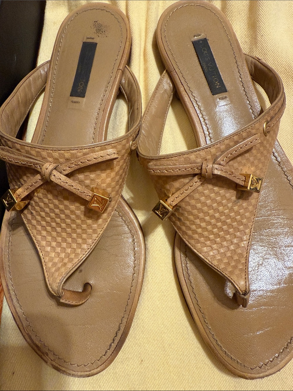 Louis Vuitton Tan Woven Leather Thong Sandals with Gold Accent
